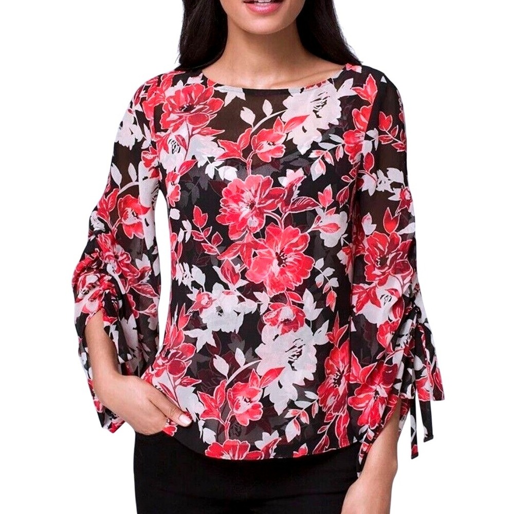 White‎ House Black Market Romantic Floral Blouse Tie Sleeve Boho Sheer Top 10P